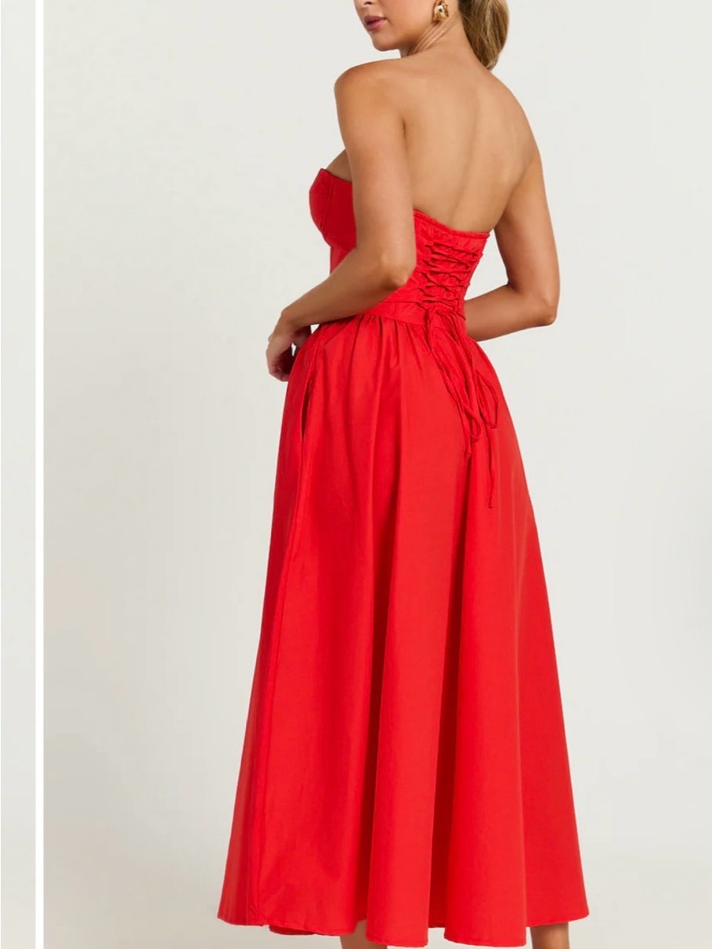 Showpo Bold Red Strapless Midi Dress with Fitted Corset - Picture 3 of 6